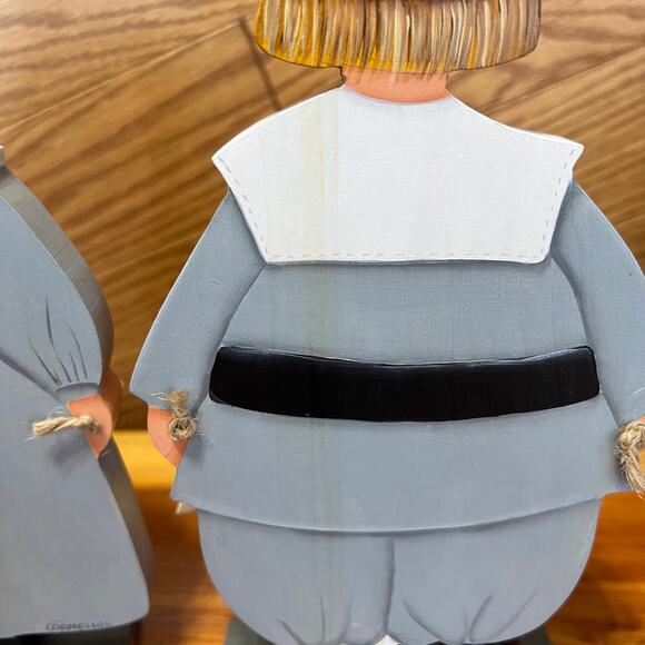 Vintage Wooden Handmade Thanksgiving Pilgrim Set Shelf Sitters Signed Cornelius - Picture 7 of 14